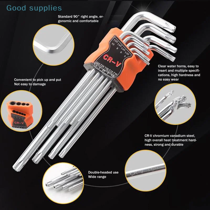 9本組トルクスレンチセット、六角レンチ、両頭L型スタードライバー、DIY家庭修理用ハンドツール