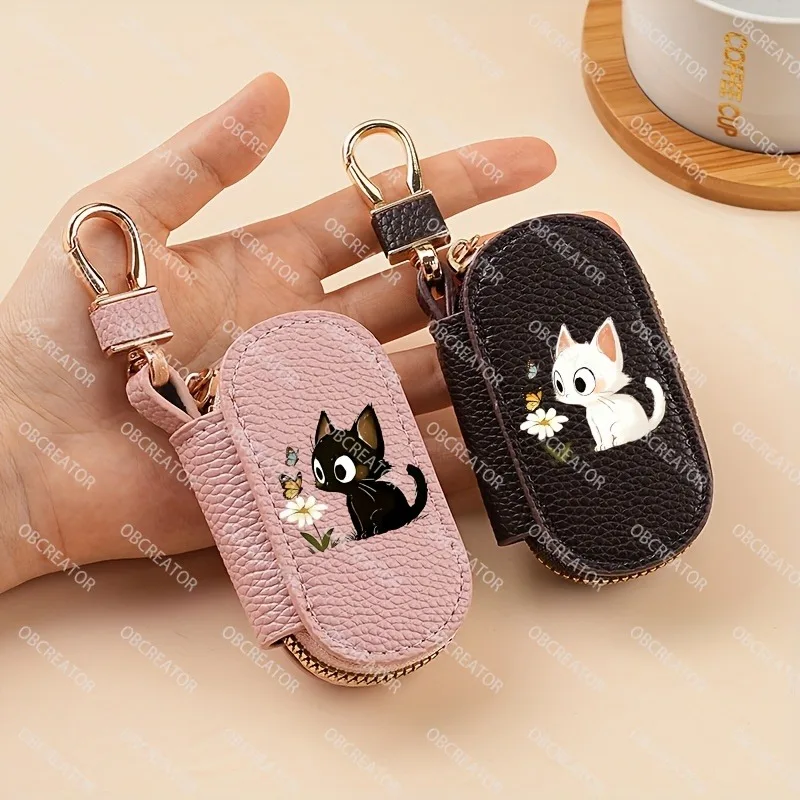 Cute cartoon Black Cat Key Bag with lychee Pattern PU Leather Zipper, Multifunctional Car Key Storage Bag