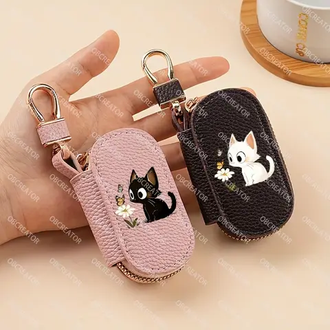 Cute cartoon black cat key bag with lychee pattern PU leather zipper, multifunctional car key storage bag