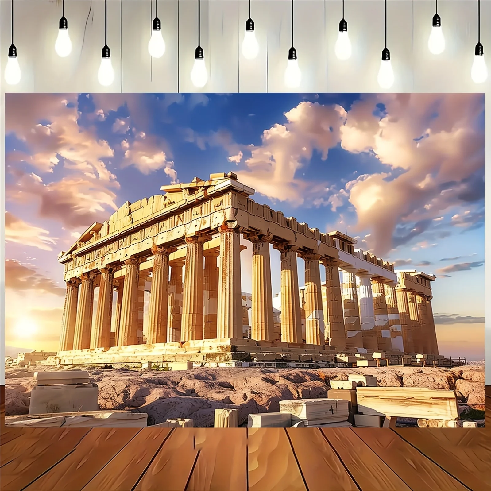 Griechischer Sonnenuntergang Parthenon Hintergrund – Polyester multifunktionaler historischer Acropolis-Tempel Fotohintergrund, Partydekoration