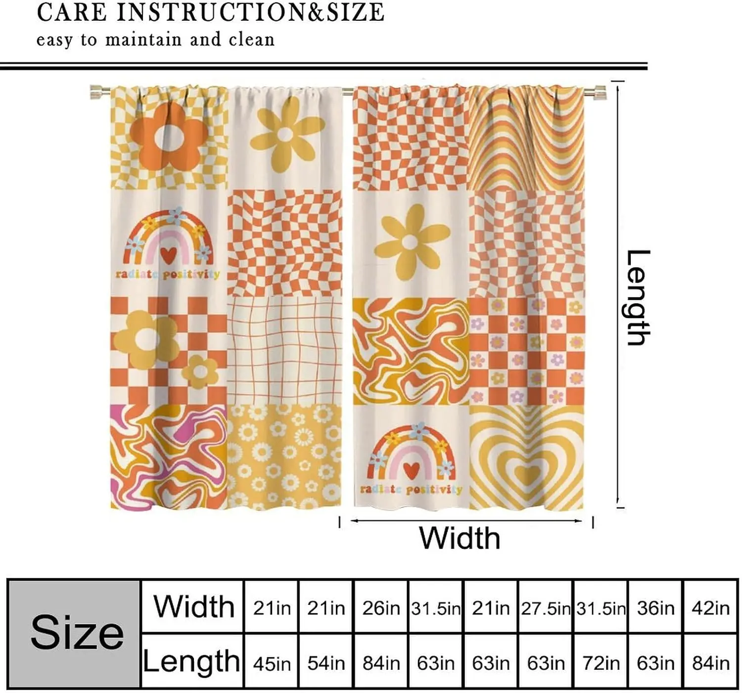 Boho Positivity Pattern Curtains 2pcs Funky Geometric Rainbow Floral Pop Art Window Drapes for Living Room Bedroom Decor