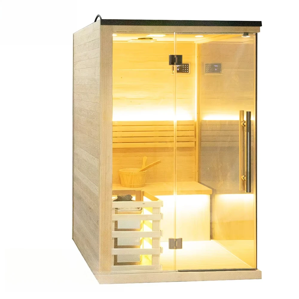 Upscale and spacious interior design Hemlock wood traditional sauna with tempered glass doors, suitable for vacation homes