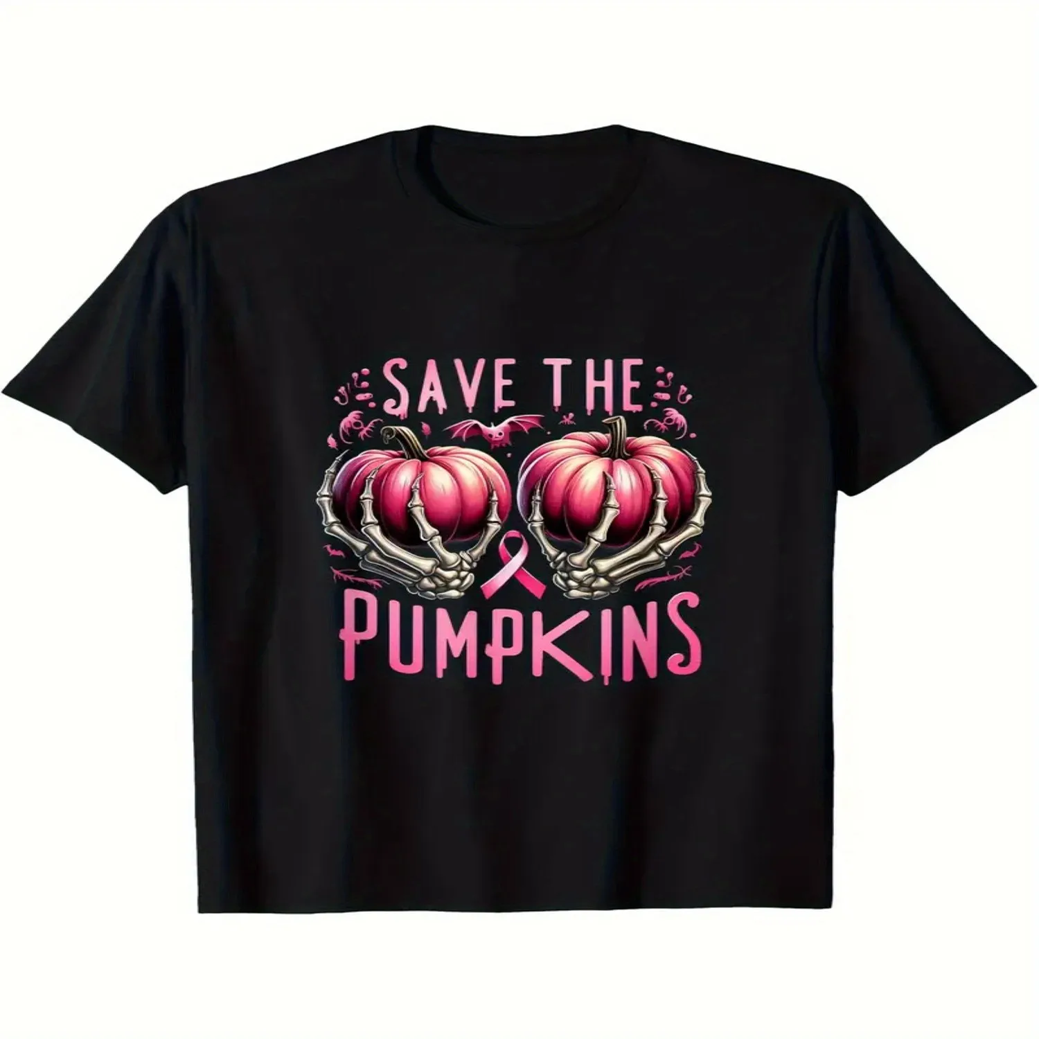 Men'S Women'S Breast Cancer Survivor T-Shirt - Save The Pumpkins Pink Ribbon Pumpkin Design, 100 Ultra-Soft Round Neck Short Sleeve, S-XXXL Sizes, Casual Running Fit, Funny Halloween Cancer A Cotton Tee, Gift For Him