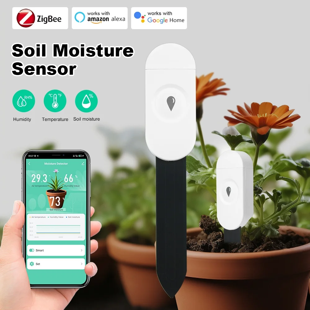 Zigbee Soil Moisture Sensor Monitor Plants Moisture Humidity Temperature Tester Sensor App Voice Control Google Home Alexa