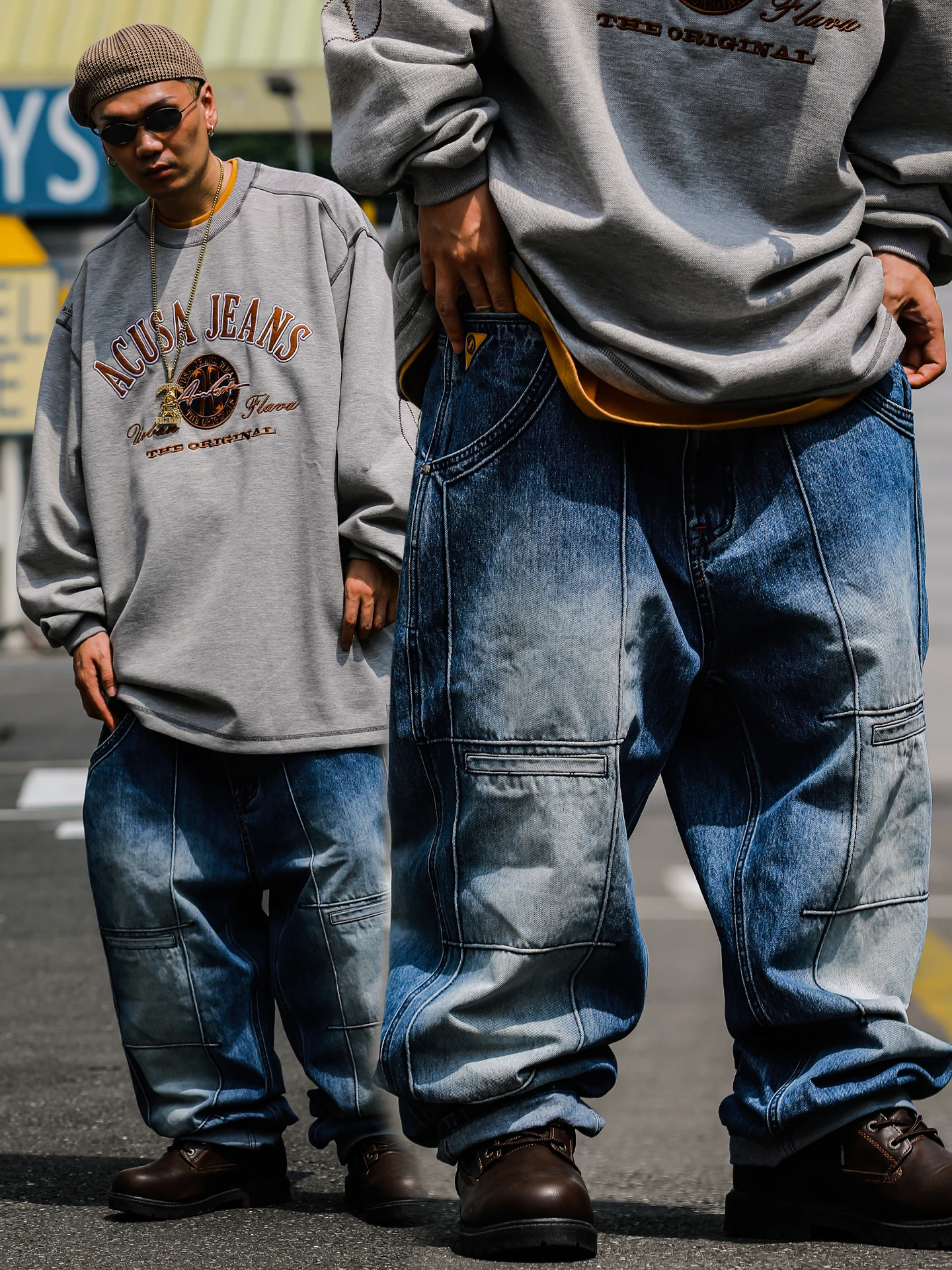 

Acusa Jeans American Streetwear Hip Hop 633 Fit Twin Series Tailored 3D Embroidery Denim Long Trousers Casual High Waist Thic...