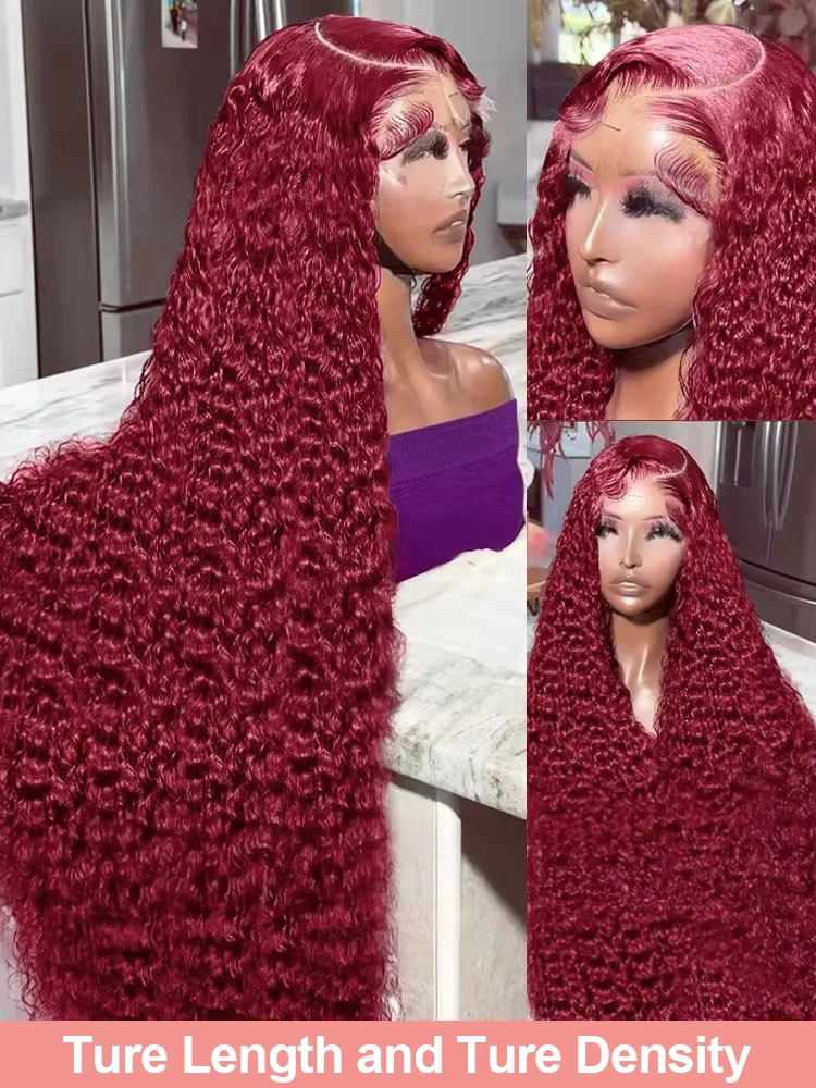 99J Burgundy Curly Wigs 13x6 HD Lace Front Human Hair Wig Pre Plucked 250% Brazilian Transparent Deep Wave Frontal Wig 30 38 Inch Red Wine Colored Water Wave Human Hair Wigs For Women image 5