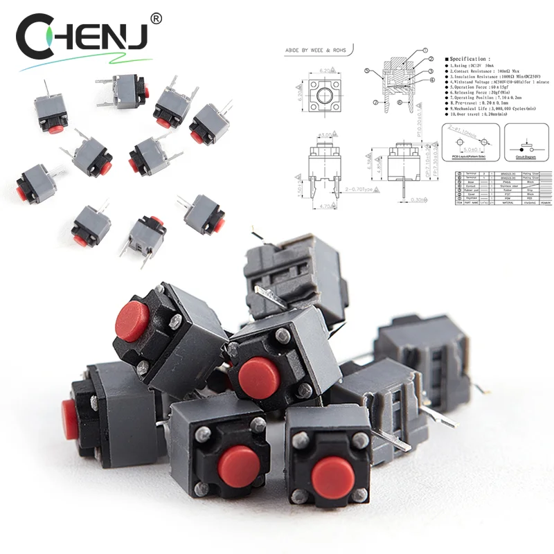 Kailh-botão silencioso do mouse sem fio, 6x6x7,3mm, micro interruptor, com fio, acessórios, 10 pcs/set