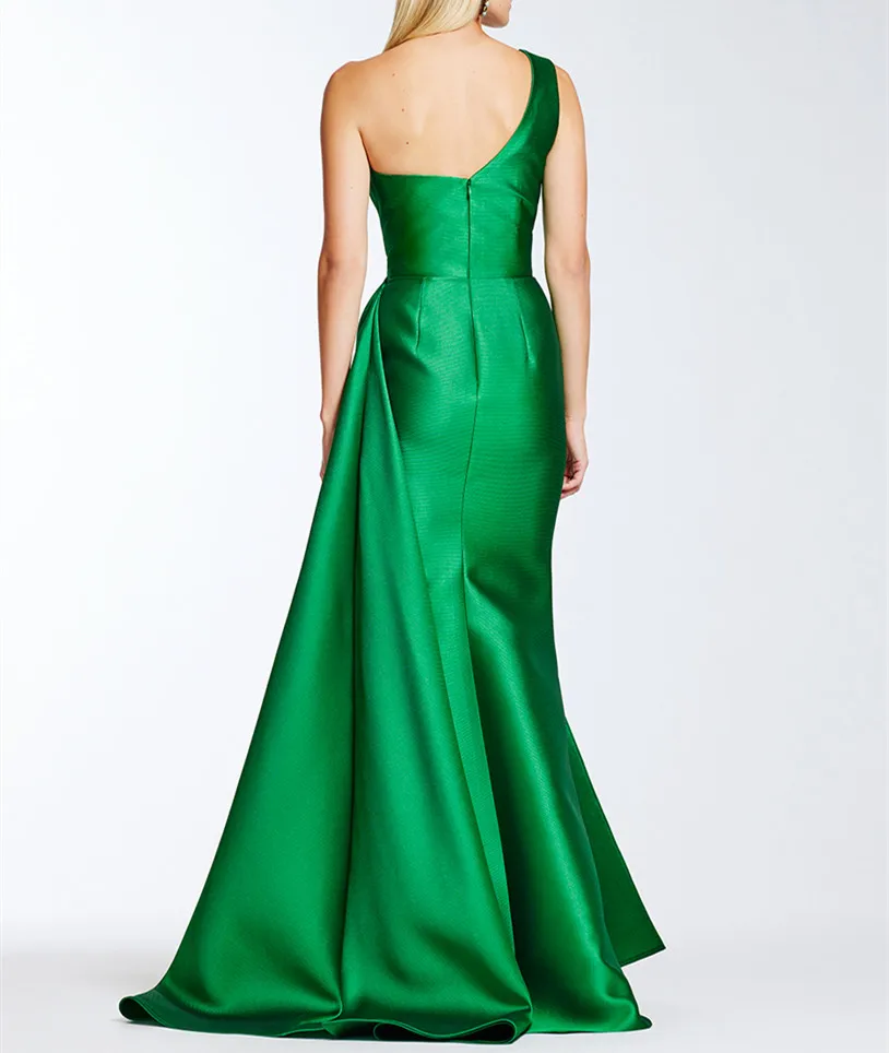 Customized Long One Shoulder Green Satin Evening Dresses Mermaid Sleeveless Pleat Sweep Train Prom Wedding Guest Dress for Women