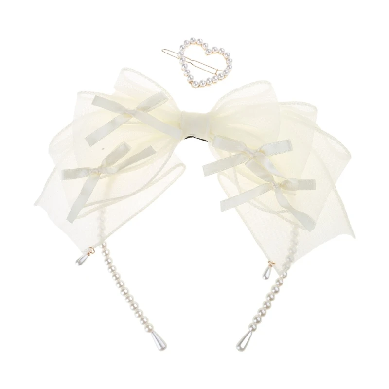 

Lolita Organza Headbands Elegant Organza Big Bows Hair Hoops Pearl Hairband Handmade Headwear for Special Stage Show