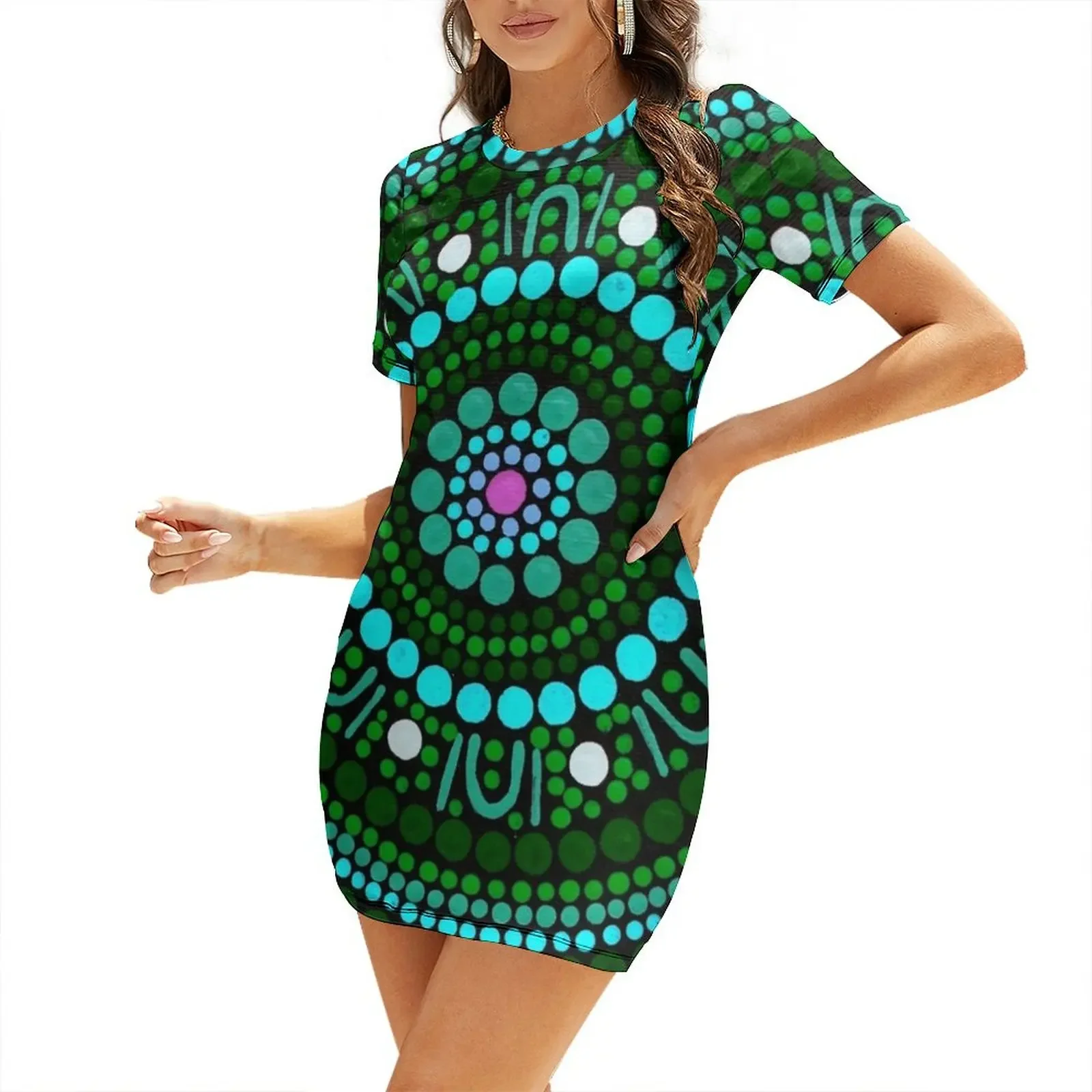 

Aboriginal Art Dot Painting Mandala Green Gathering Short-Sleeved Dress luxury dresses Dress