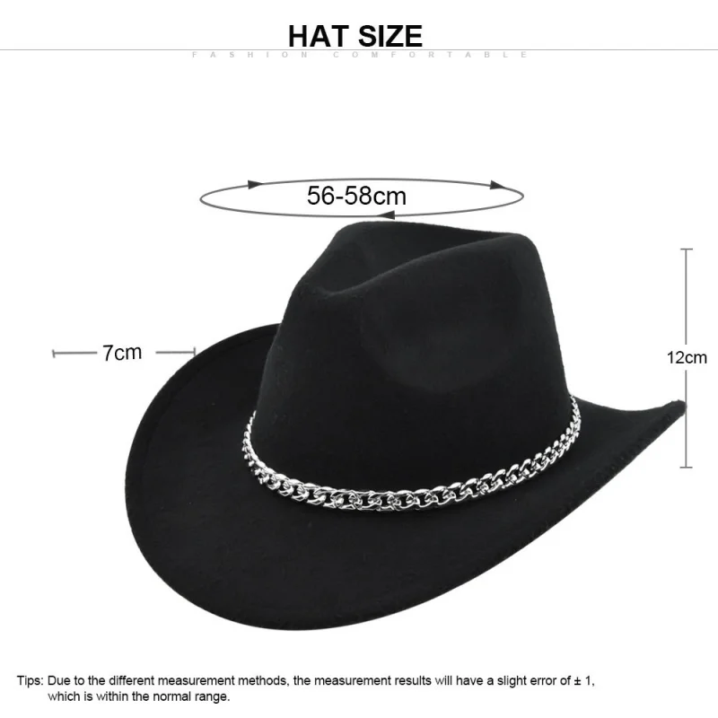 Cross-Border Fedora Silver Chain Woolen Fur Felt Retro Imitation Sheep Cowboy Hat