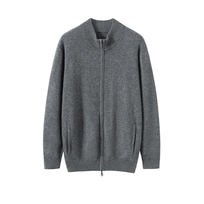 Nowy męski kardigan z dzianiny z kaszmirem 100%, z golfem, zapinany na podwójny zamek, jednolity kolor, z kieszeniami, ciepły płaszcz, kolekcja Jesień-Zima 25.