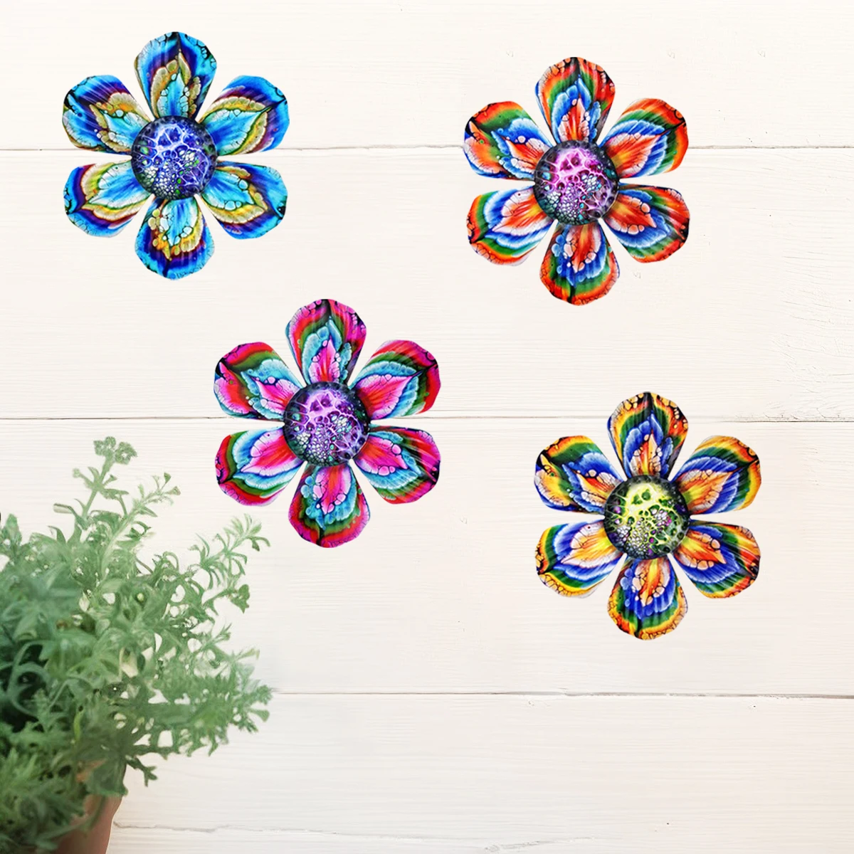 GEEYANG 1PC Colorful Metal Flower Wall Decor Wrought Iron Hanging Art Indoor Outdoor for Home Garden Patio Fence Wedding Party