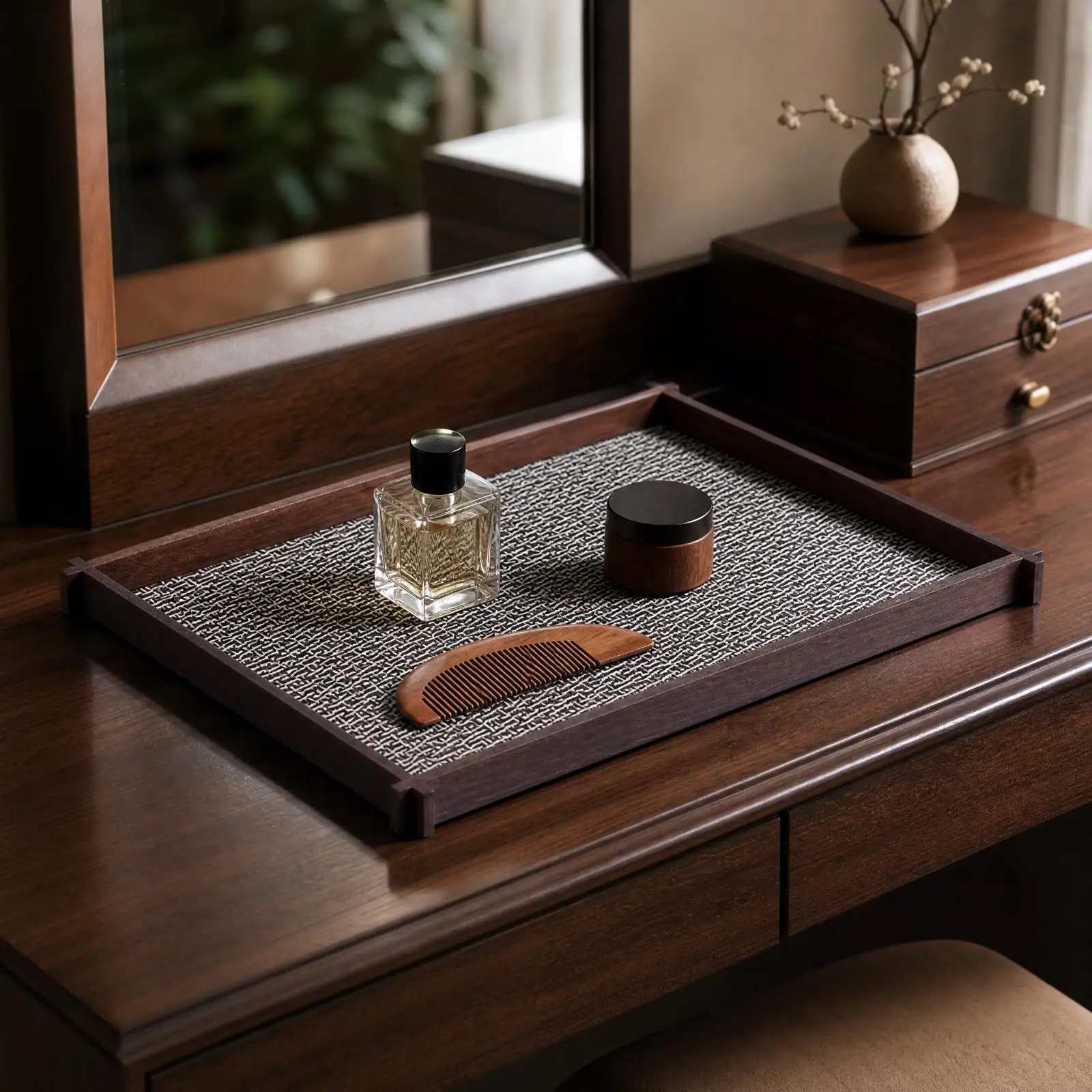 Storage Tray Low-Profile Tray with Leather Insert Raised Sides for Dresser, Coffee Table, Console