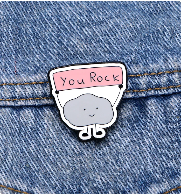 

Cute cartoon rock character design badge, holding English letters, metal brooch, children's gift clothing accessories