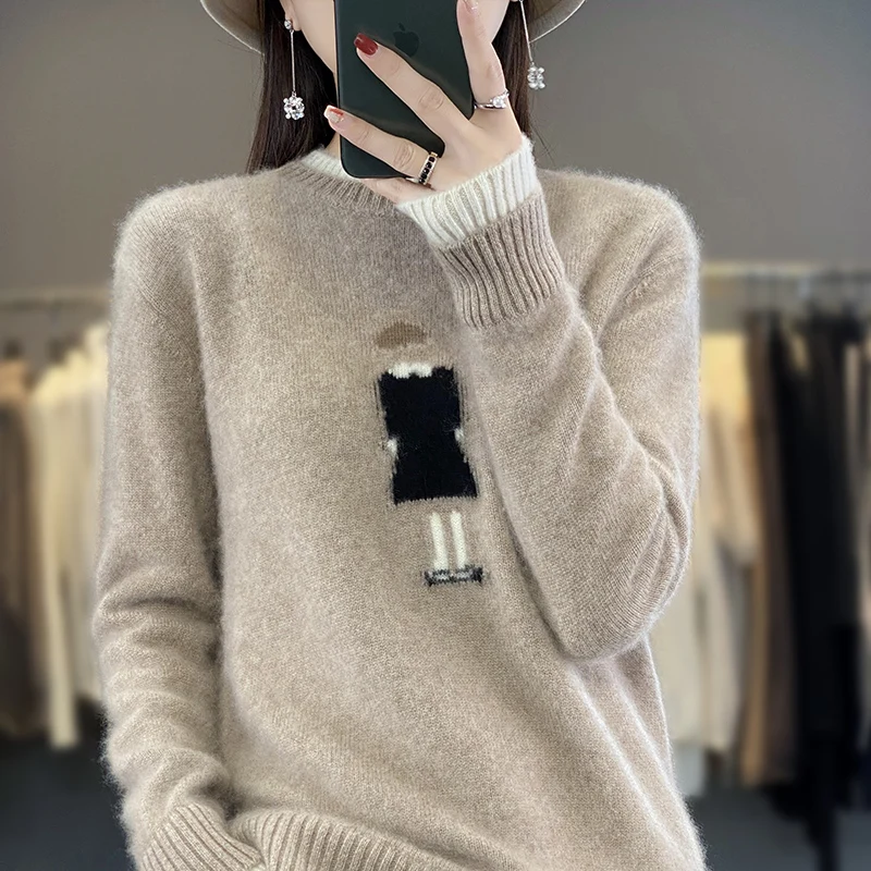 Autumn and winter new women's 100% merino sweater O-neck knitted pullover women padded fake two casual loose fashion tops