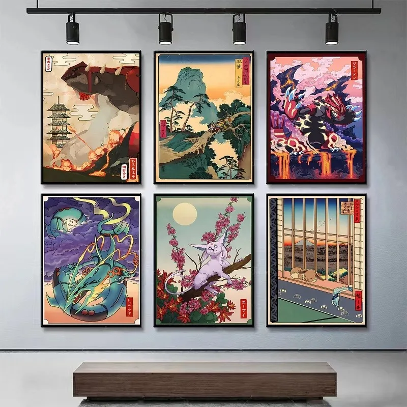 AZNM Japanese Ukiyo-e Pokemon Canvas Print Unframed Groudon Rayquaza Espeon Vintage Mountain Pagoda Anime Wall Art Poster