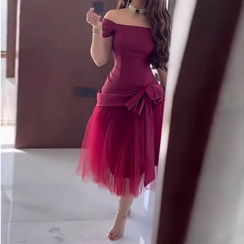 

Customized A-Line Prom Dresses Tea-Length Off The Shoulder Boat Neck Sleeveless Evening Gown Fashion Bow Draped Party Gown