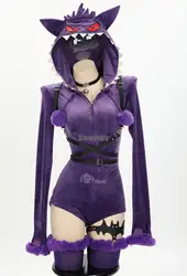 Costume cosplay da donna fantasma viola Halloween viola pagliaccetto sexy body peluche con cappuccio e calzini con cintura e coda