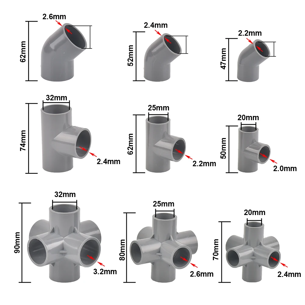 20/25/32mm Gray PVC Pipe Fittings Straight Elbow Tee Cross Connector Water Pipe Adapter 3 4 5 6 Ways Joints