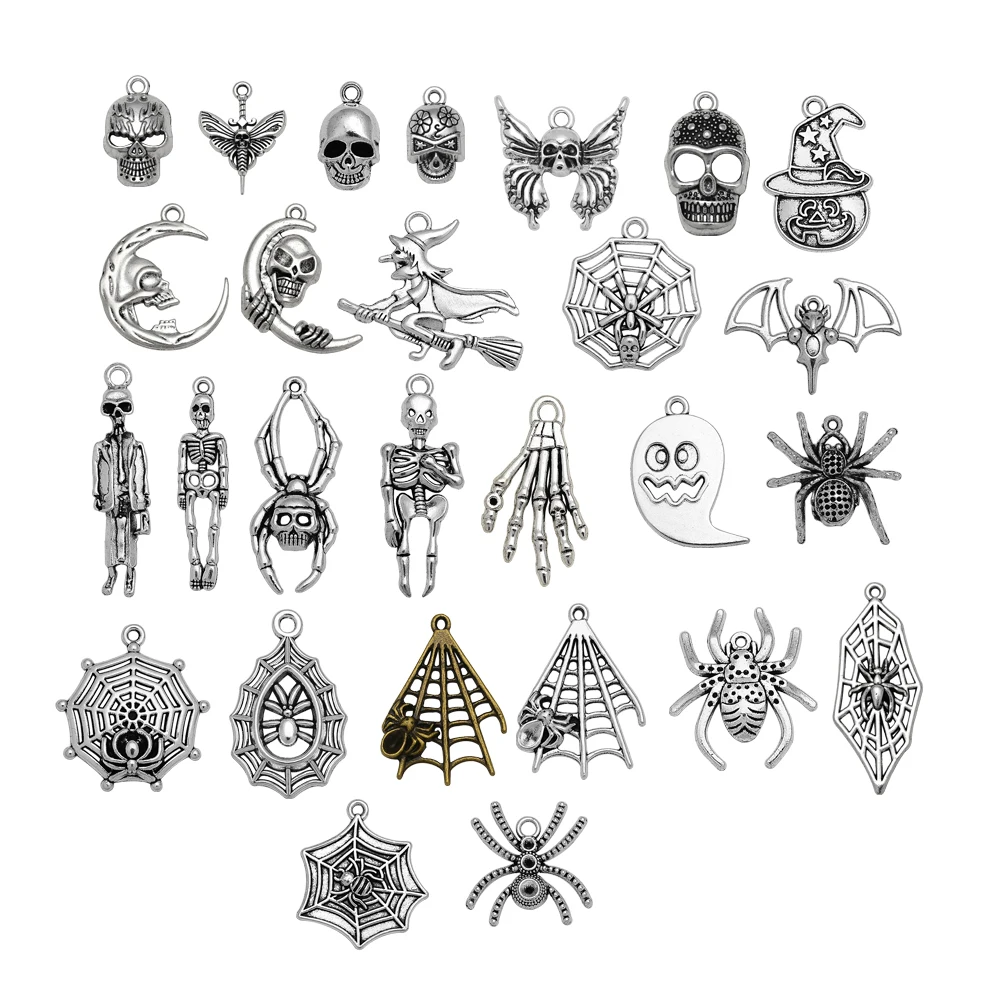 10pcs/lot Wizard Skull Head Spider Web Bat Death Skeleton Charms Halloween Pendant For Diy Jewelry Making Supplies Accessories