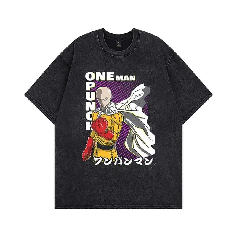 One Punch Man Vintage Washed Cotton T Shirt Oversized Streetwear Saitama Hero Cape Graphic Tee for Me