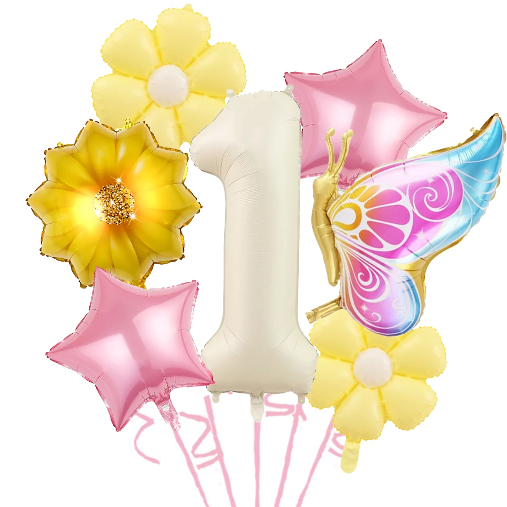 サイドフライングバタフライサンフラワーデイジーデジタルバルーンセット、誕生日パーティー、洗礼式、記念日に最適