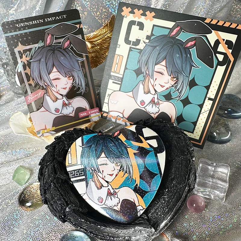 Jeu Genshin Impact Killer Rabbit Boy Series 3Pcs Set, Danemark ge, Broche, Pins, Cosplay, Cartes, Pendentif, Collection, Carré, Carte, Cadeau