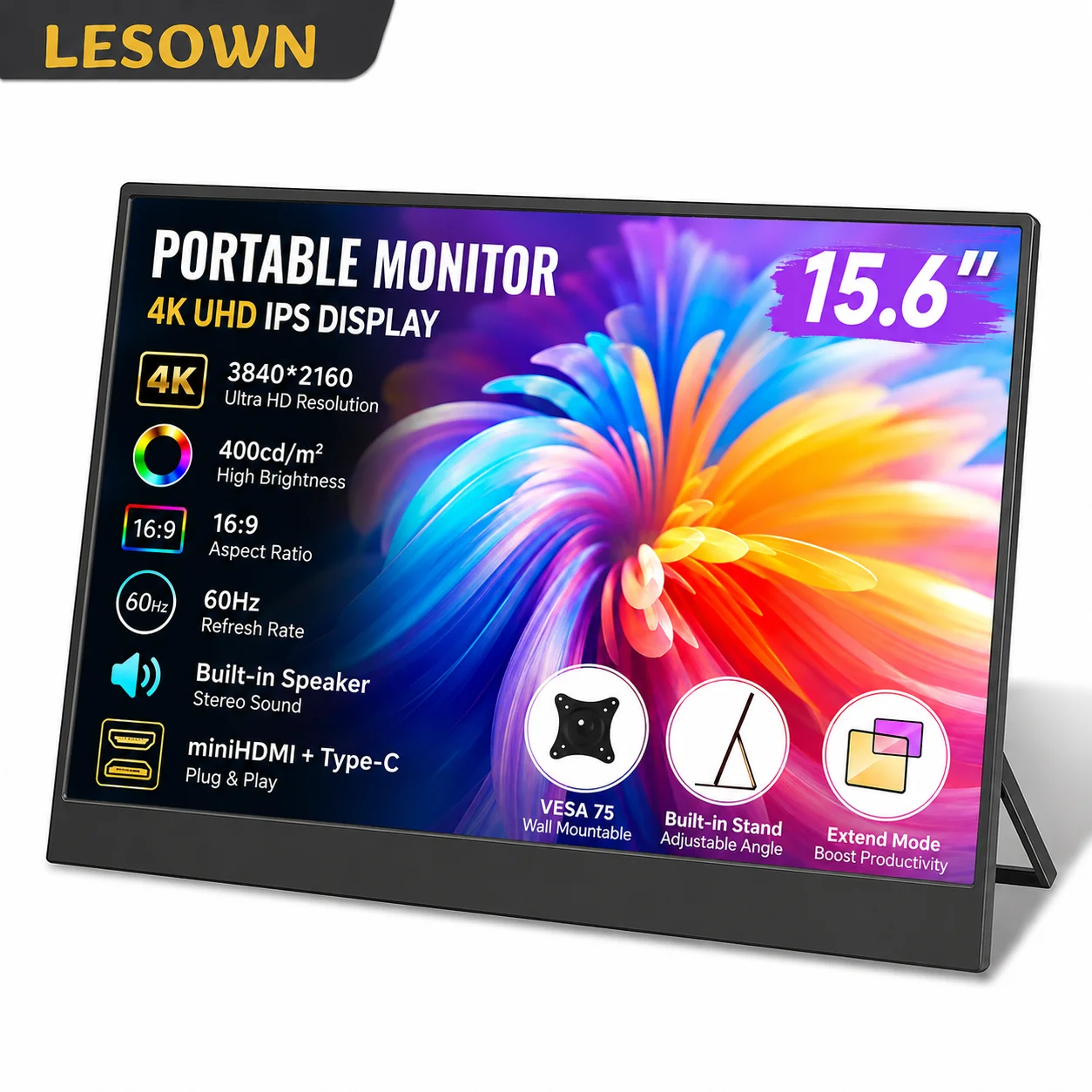 LESOWN 15.6 Inch Second Display 4K Ultra HD Plug and Play Travel Monitor for MacBook