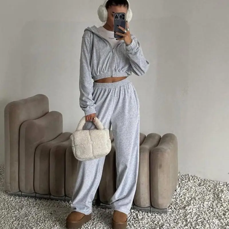 Casual Street Sle Women's Long Sve Hooded Open Cardigan Loose Pants Two-Piece Set Faionable Zipper Pure Color Low Waist