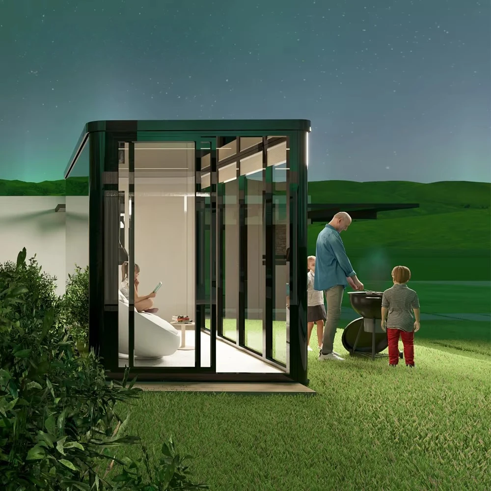 Large Glass Soundproof Office Pod Prefab Acoustic Cabin LED Lighting Sunroom Booth for Home Work Music Studio