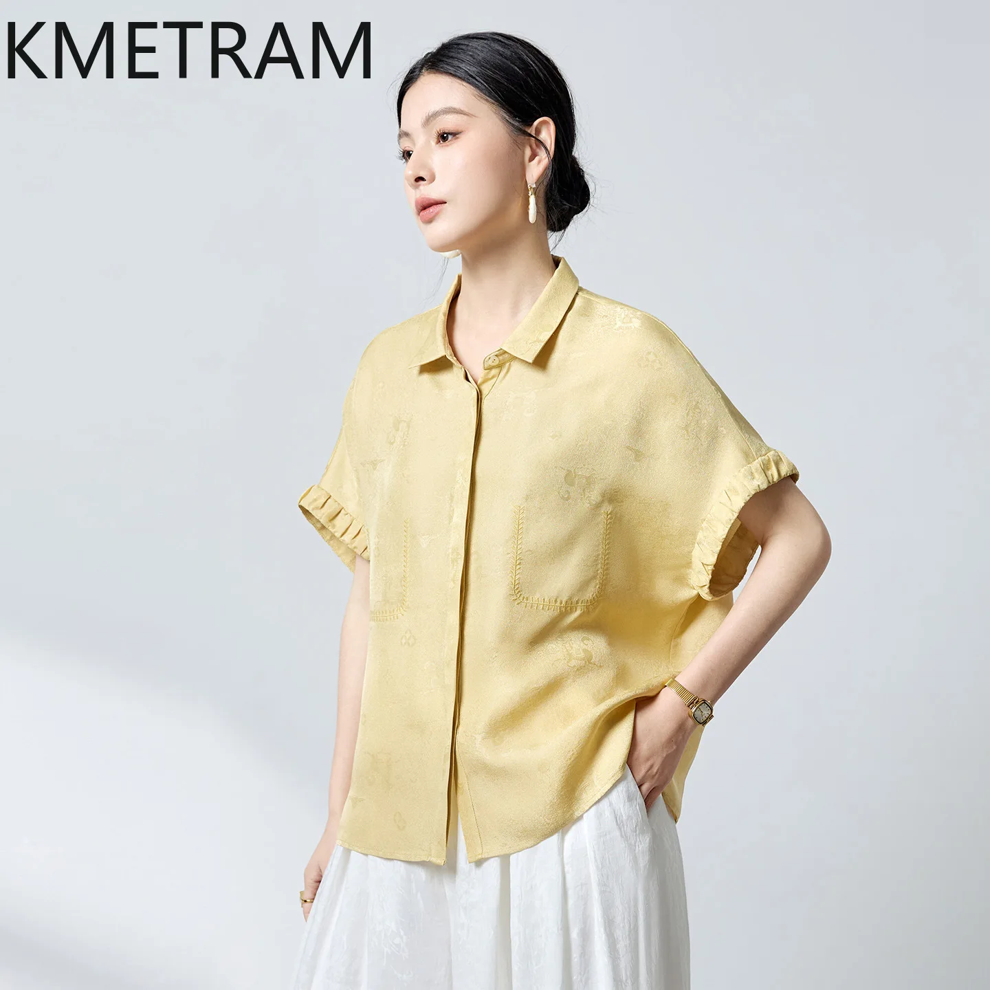 KMETRAM 19MM 92.4% Real Mulberry Silk Women's Blouses and Shirts Fashion Short Sleeve Summer Tops for Woman Clothing 2026 блузка