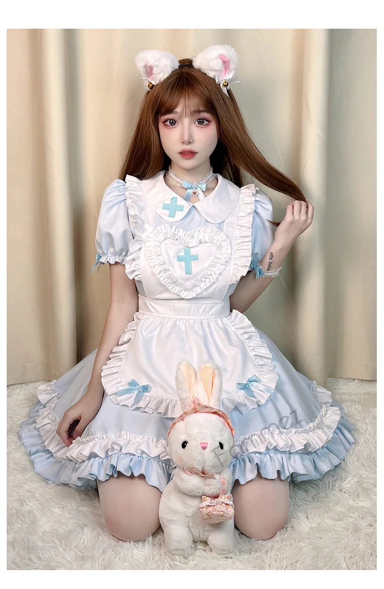 IOOTIANY Gothic Lolita Cosplay, japanisches Anime-Kostüm, cremefarbenes, herzförmiges, rosafarbenes Lolita-Kleid, Kostüm im Stil einer Dienstmädchenuniform, kurzärmelige Krankenschwesteruniform. – Detail 11