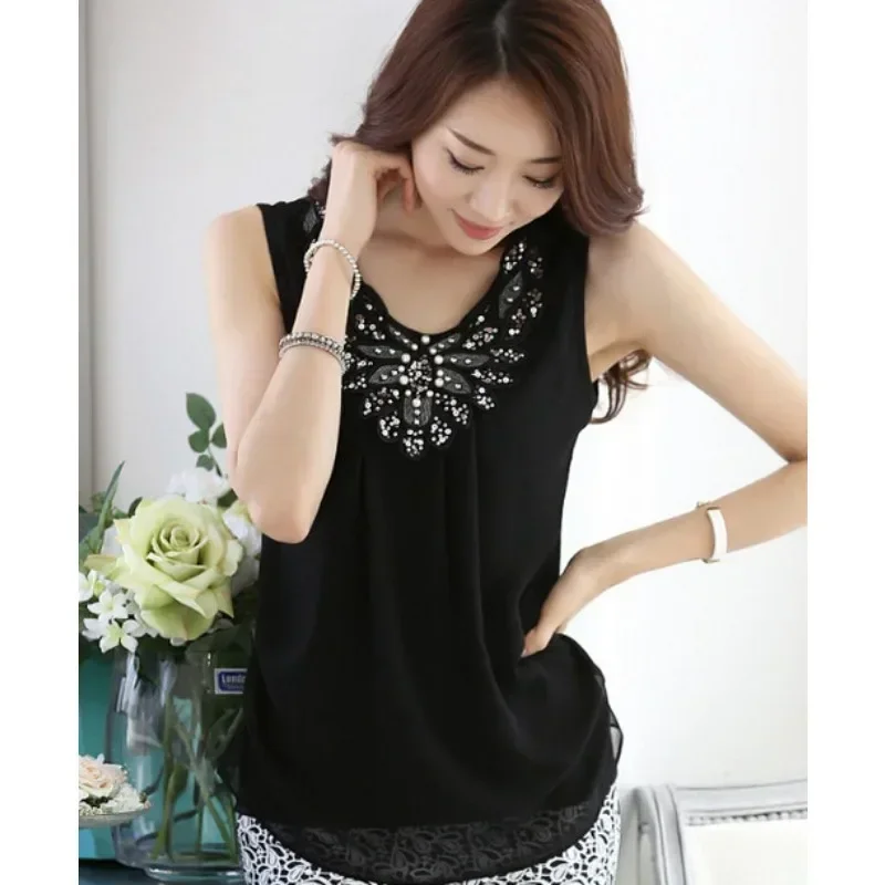 Women Blouse shirts Ladies Casual Sleeveless Sparkling diamond chiffon lace blouses Plus Size S-6XL