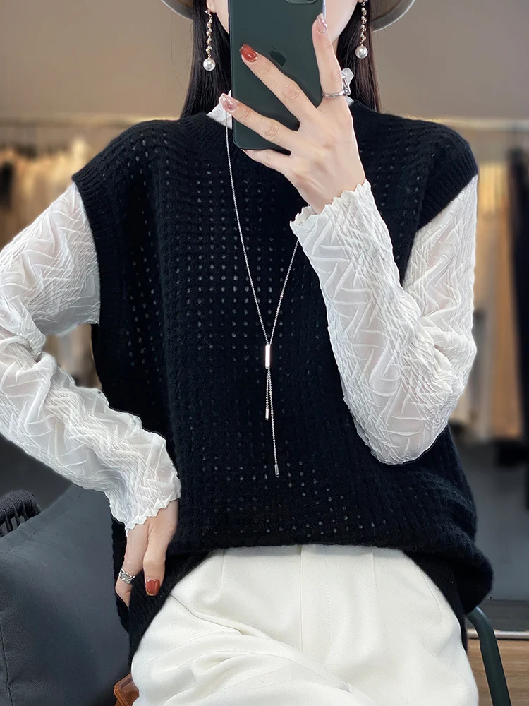 Maglione di cashmere da donna versione coreana 100% lana merino lavorato a maglia pullover semplice allentato senza maniche o-collo gilet Top 2024