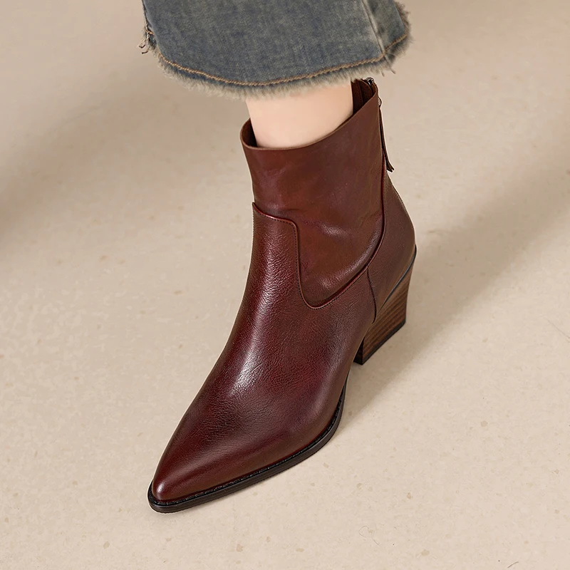 2027 New Autumn Winter Natural Leather Women Ankle Boots 22-25cm Washed Cowhide Pointed Toe Back Zip Thick Heel Short Boots