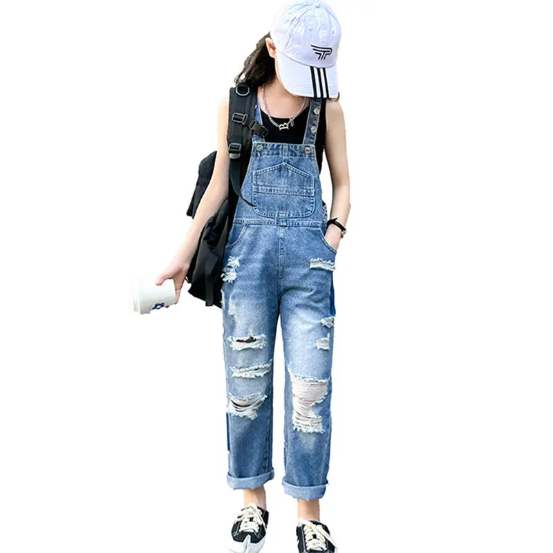 

Teenager Girl Jumpsuit Fashion Ripped Broken Hole Summer Jeans Overalls for Kids Suspenders Clothes Loose Children Denim Rompers