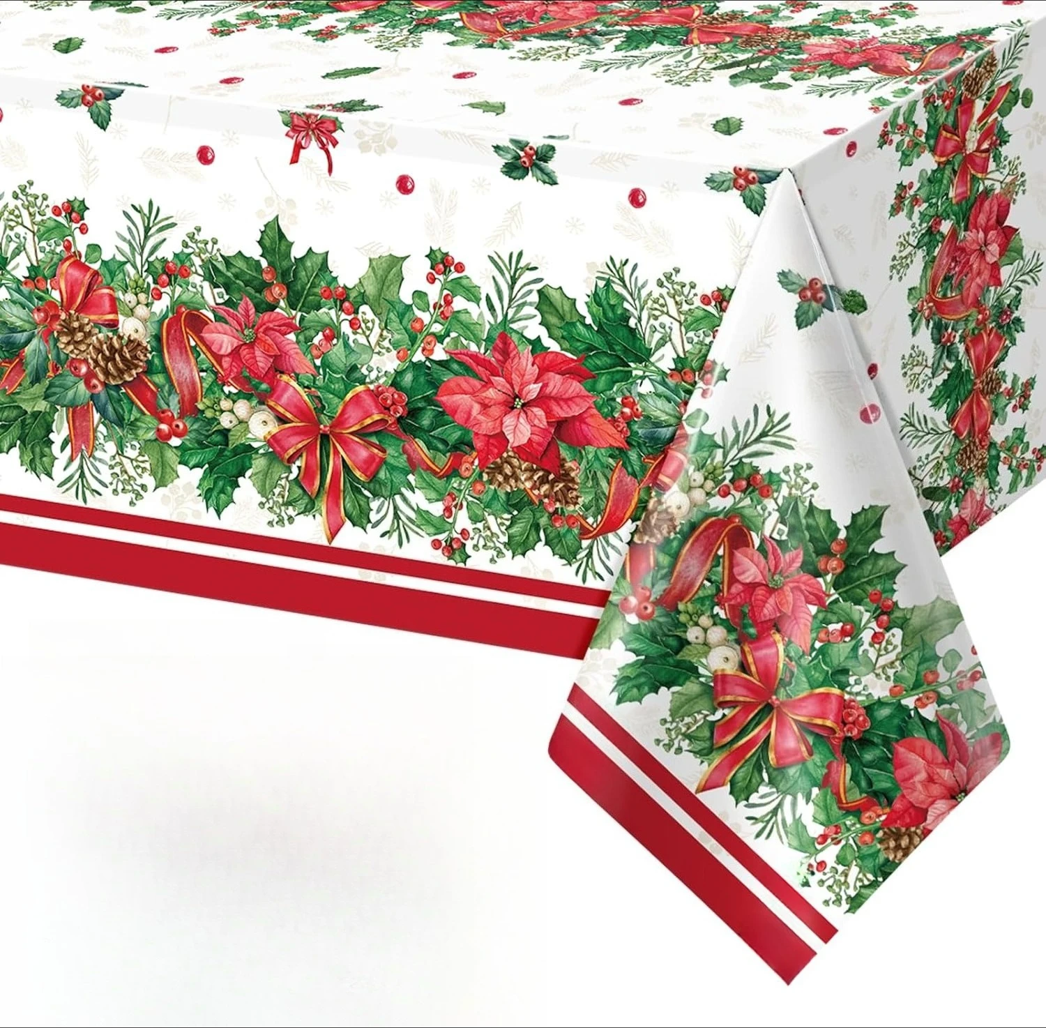 Christmas Holly Poinsettia Tablecloth for Table Decor Reusable Winter Berry Kitchen Dining Table Cloth Christmas Decorations