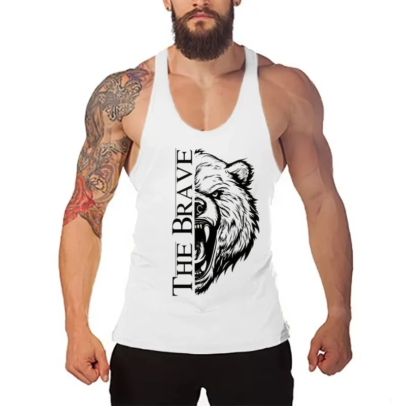 

2025 Men's Bodybuilding Vest – Cotton Sleeveless with "THE BRAVE" Bear Print, Gym Muscle-Building Undershirt Tank Top