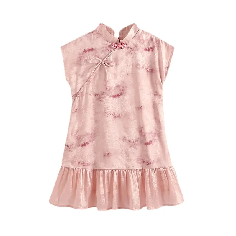 2024 Summer Girls Sweet Princess Dress Casual Combination Dress Improved Bow Pink Qipao Dress 3-10y Children\'s Wear Kids Clothes