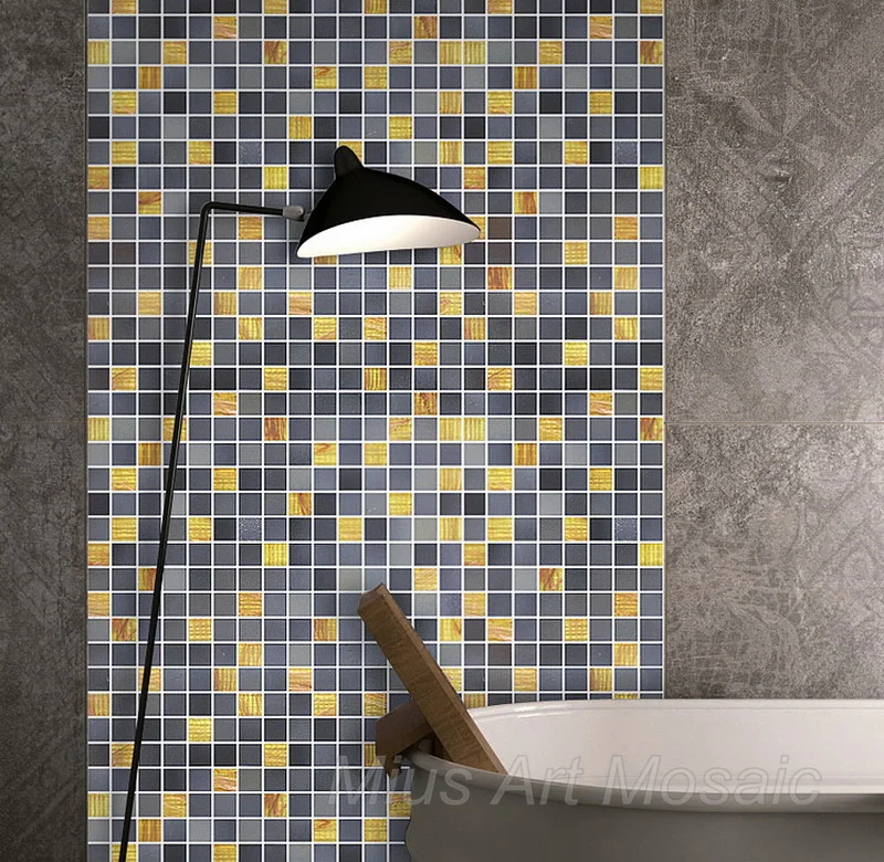 

Cheap factory price pure black mix gold yellow glass mosaic tile DIY wallpaper for shower room bathroom deco