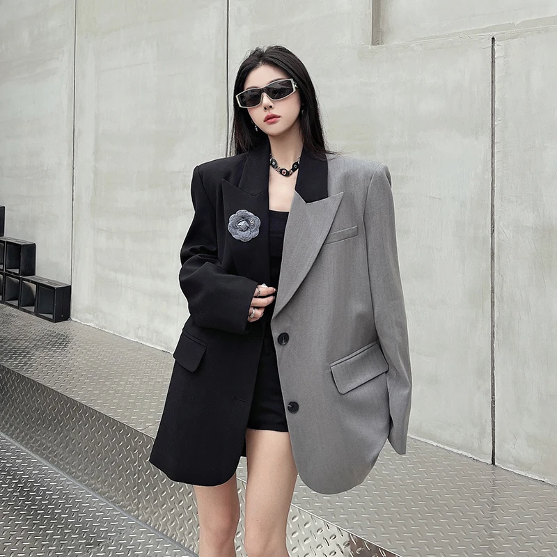 سترة أنيقة للسيدات موضة كبيرة الحجم مرقعة سترة كورية بأكمام طويلة للتنقل معطف مكتب للسيدات ملابس خارجية أنيقة غير رسمية