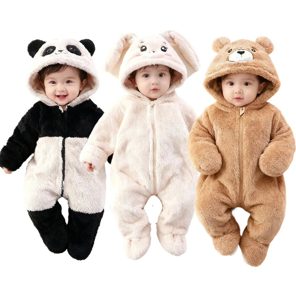 Newborn Animal Costume Onesie Soft Fleece Winter Bear Bunny Panda Footed Pajamas with Hood and Covered Hands Cute Outfits