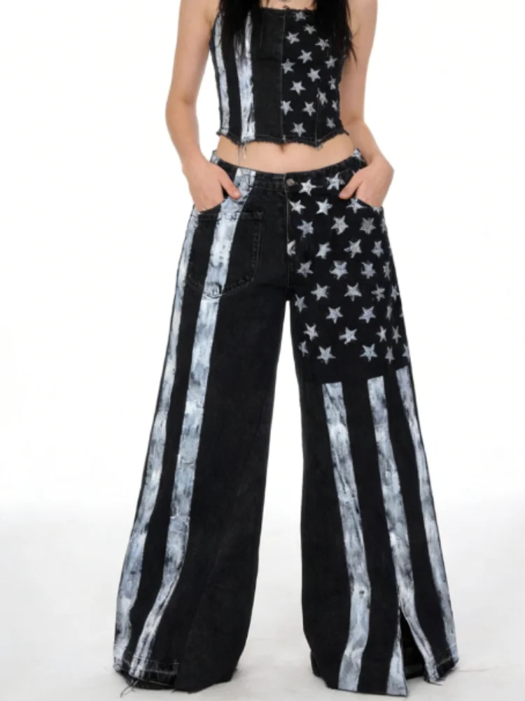 

Y2K Grunge Aesthetic Streetwear Casual Punk couple set Trousers Women's Print Baggy Jeans High Waist Wide Leg Denim Pants