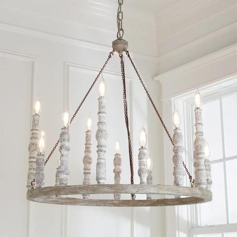 American rural antique solid wood art chandelier French living room old wrought iron double-layer dining