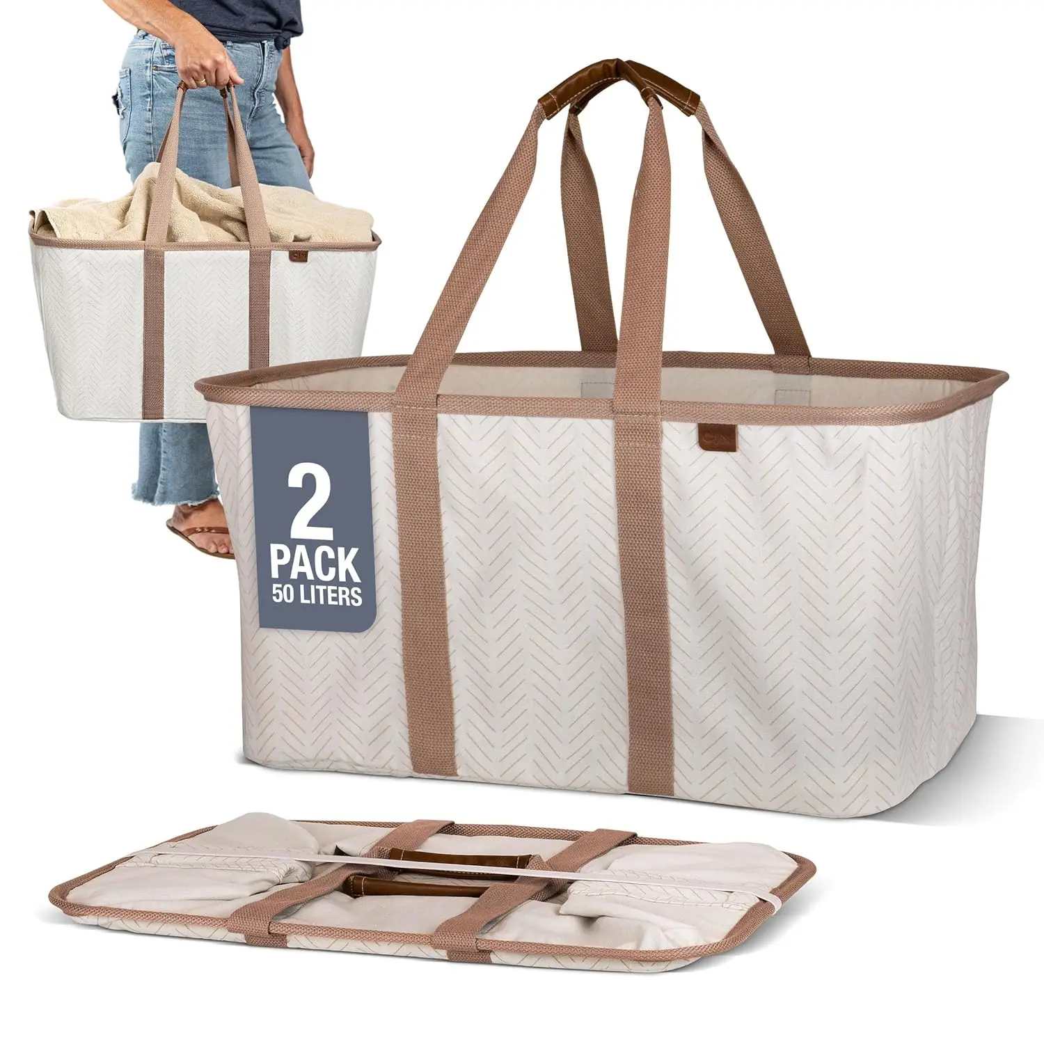 

Collapsible Laundry Tote 2-Pack (50L) – Foldable Carry-All Storage Bin for Laundry, Car Trunk, RV