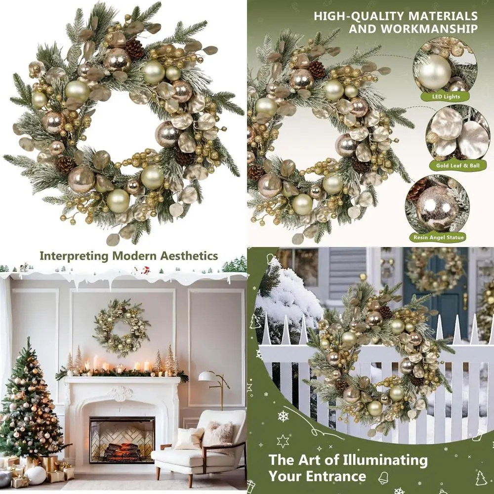 

Ягодный венок цвета шампань с сосновыми шишками, листьями и шариками - праздничный декор для двери или улицы