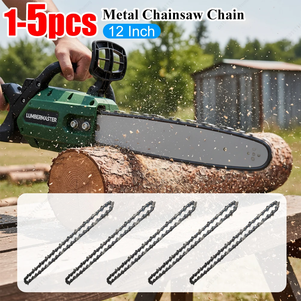 Corrente de Serra Elétrica de Metal de 12 Polegadas, 45 Elos de Acionamento, Corrente de Substituição com Passo de 3/8 Polegadas para Corte de Galhos de Madeira
