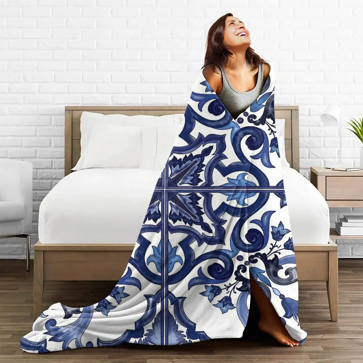 Blue Ornate Floral Mediterranean Sicilian Tile Blanket Fleece Sofa Throw Blanket For Couch Bedding Travel Throws Bedspread Quilt