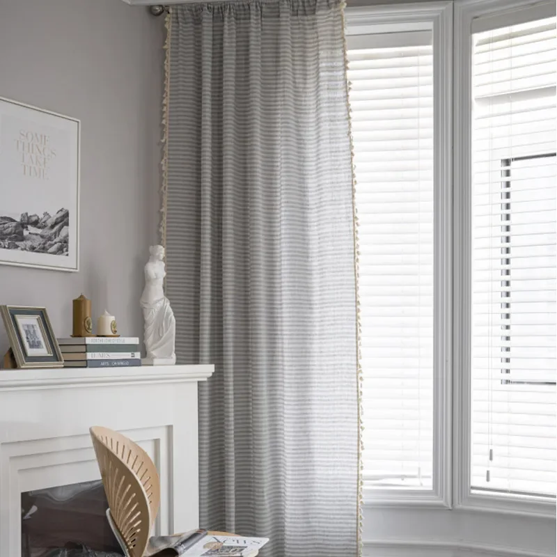 pp1016Cotton and linen striped curtain fabric style gray and white thin strip bedroom rod floating curtain